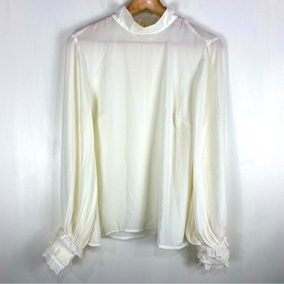ModCloth High Mock Neck Ruffle Long Sleeve Blouse Shirt Top Ivory Size Medium - Picture 1 of 5